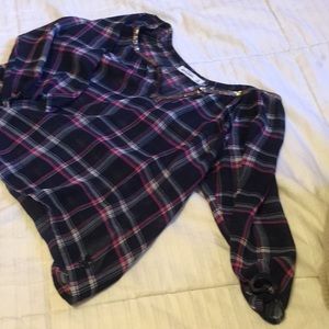 purple and blue plaid blouse with gold sequins